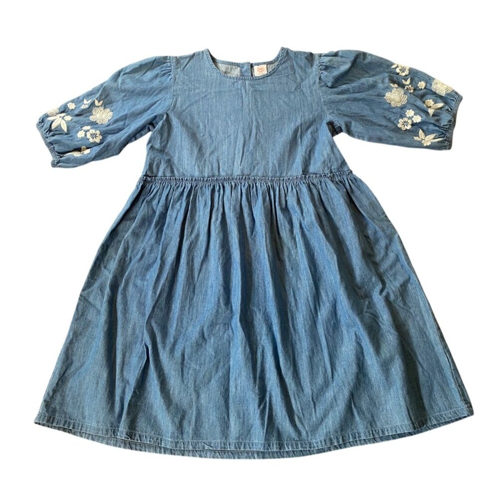 NWT Wonder Nation Girls Denim Dress Embroidered Floral Puff Sleeves XXL 18